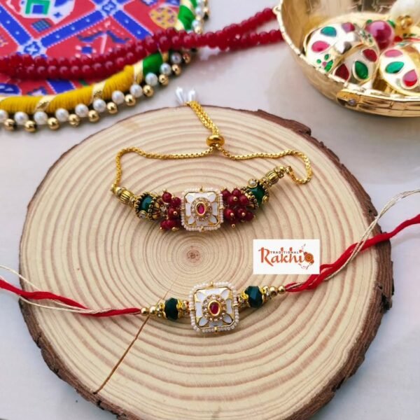 Kundan & Beaded Bhaiya Bhabhi Rakhi Set | Elegant Couple Rakhi - Image 2