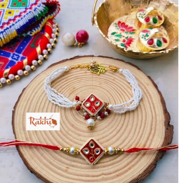 Pearl & Kundan-Style Bhaiya Bhabhi Rakhi Set | Hamsa Charm - Image 4