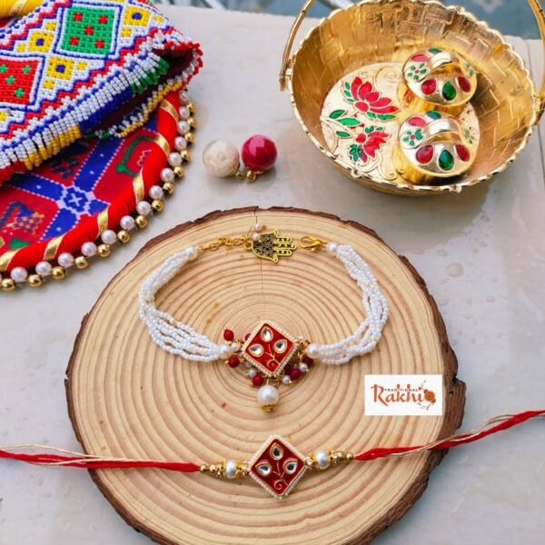 Pearl & Kundan-Style Bhaiya Bhabhi Rakhi Set | Hamsa Charm - Image 3