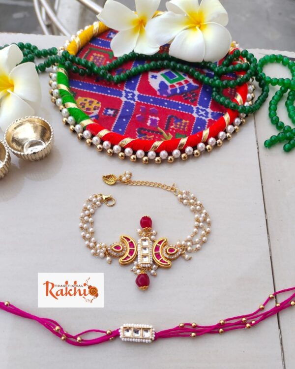 Royal Kundan & Pearl Couple Rakhi Set - Bhabhi Bracelet & Bhai Rakhi Combo - Image 2