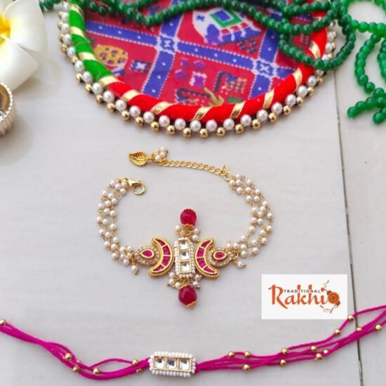 Royal Kundan & Pearl Couple Rakhi Set - Bhabhi Bracelet & Bhai Rakhi Combo