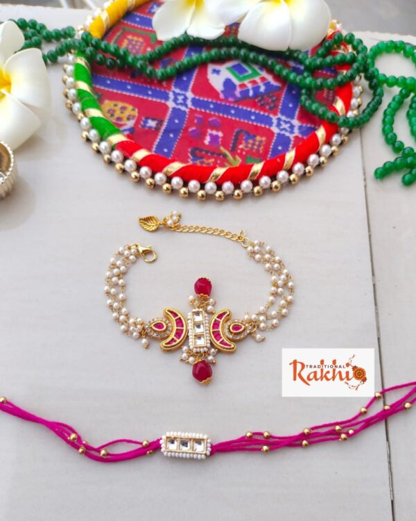 Royal Kundan & Pearl Couple Rakhi Set - Bhabhi Bracelet & Bhai Rakhi Combo