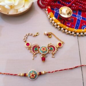 Grand Royal Peacock & Kundan Couple Rakhi Set - Opulent Bhai & Bhabhi Adornments