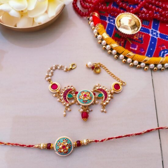 Grand Royal Peacock & Kundan Couple Rakhi Set - Opulent Bhai & Bhabhi Adornments