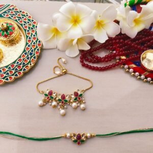 Elegant Lotus Kundan & Pearl Couple Rakhi Set - Handcrafted for Bhabhi & Bhai