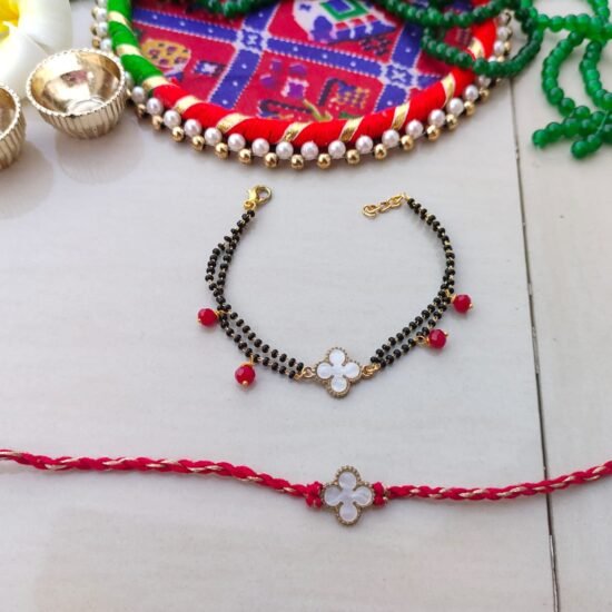 Modern Mangalsutra Style Couple Rakhi Set - Clover Charm for Bhabhi & Bhai