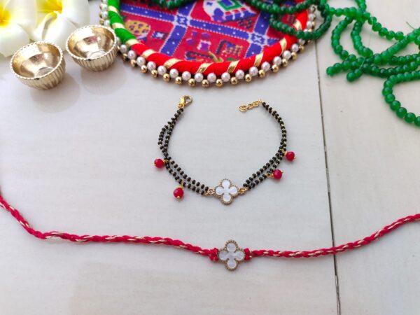 Modern Mangalsutra Style Couple Rakhi Set - Clover Charm for Bhabhi & Bhai