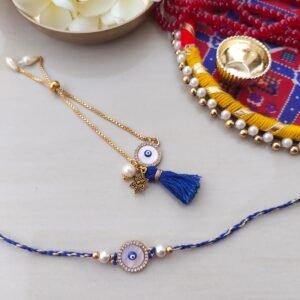 Chic Evil Eye & Blue Tassel Couple Rakhi Set - Protective & Trendy for Bhabhi & Bhai
