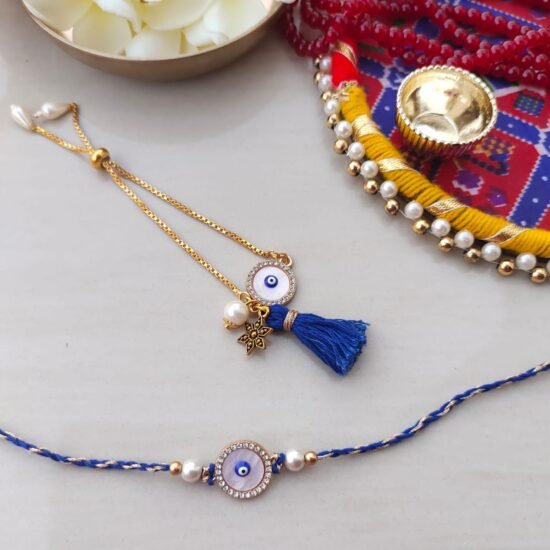 Chic Evil Eye & Blue Tassel Couple Rakhi Set - Protective & Trendy for Bhabhi & Bhai