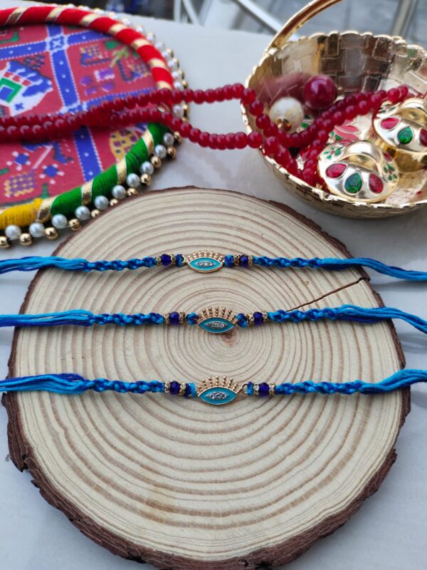 Auspicious Evil Eye Thread Rakhi for Bhai - Blue & Gold Protection Charm
