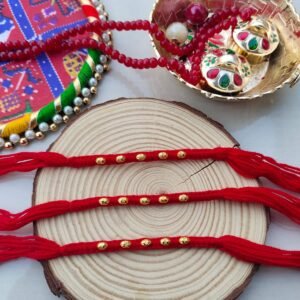 Classic Red Thread Rakhi with Golden Beads - Traditional Bhai Rakhi Set