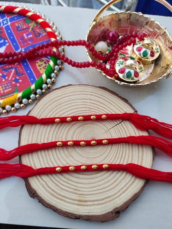Classic Red Thread Rakhi with Golden Beads - Traditional Bhai Rakhi Set