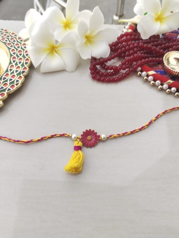 Elegant Pink Flower & Tassel Rakhi - Image 2