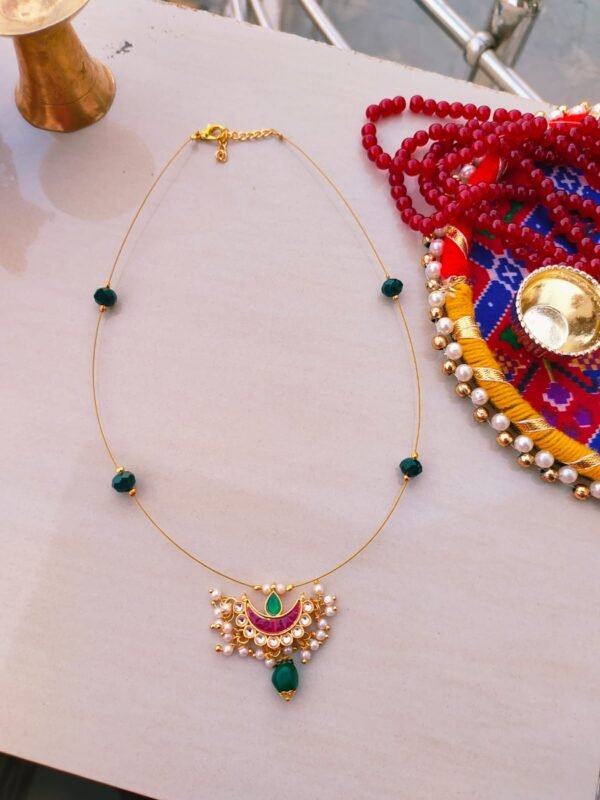 Artisan Handcrafted Chandbali Charm Chain Necklace - Pearl & Emerald Accent Jewellery - Image 3