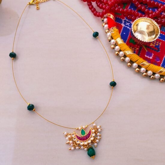 Artisan Handcrafted Chandbali Charm Chain Necklace - Pearl & Emerald Accent Jewellery