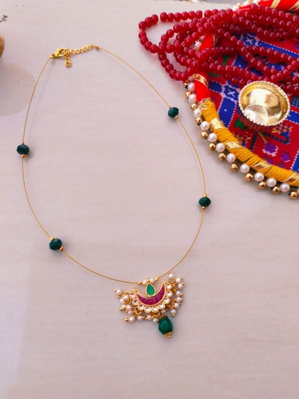 Artisan Handcrafted Chandbali Charm Chain Necklace - Pearl & Emerald Accent Jewellery