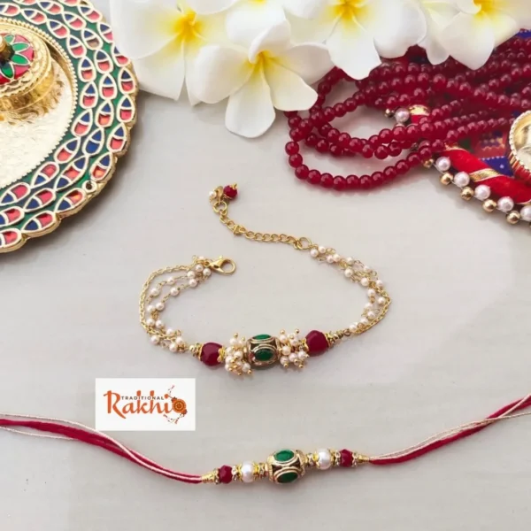 Red & Green Beaded Bhaiya Bhabhi Rakhi Set | Ornate Design - Image 4