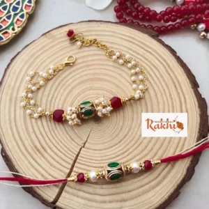 Red & Green Beaded Bhaiya Bhabhi Rakhi Set | Ornate Design