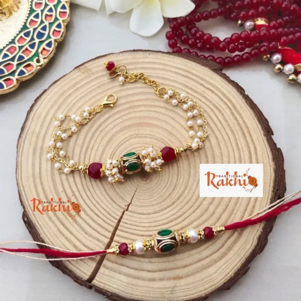 Red & Green Beaded Bhaiya Bhabhi Rakhi Set | Ornate Design - Image 2