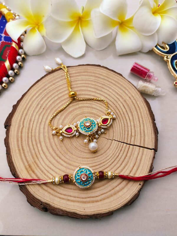 Vibrant Teal Enamel Bhaiya Bhabhi Rakhi Set - Image 2
