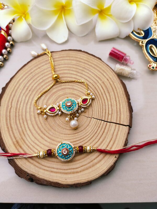Vibrant Teal Enamel Bhaiya Bhabhi Rakhi Set - Image 3