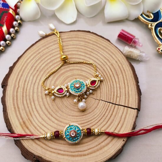 Vibrant Teal Enamel Bhaiya Bhabhi Rakhi Set