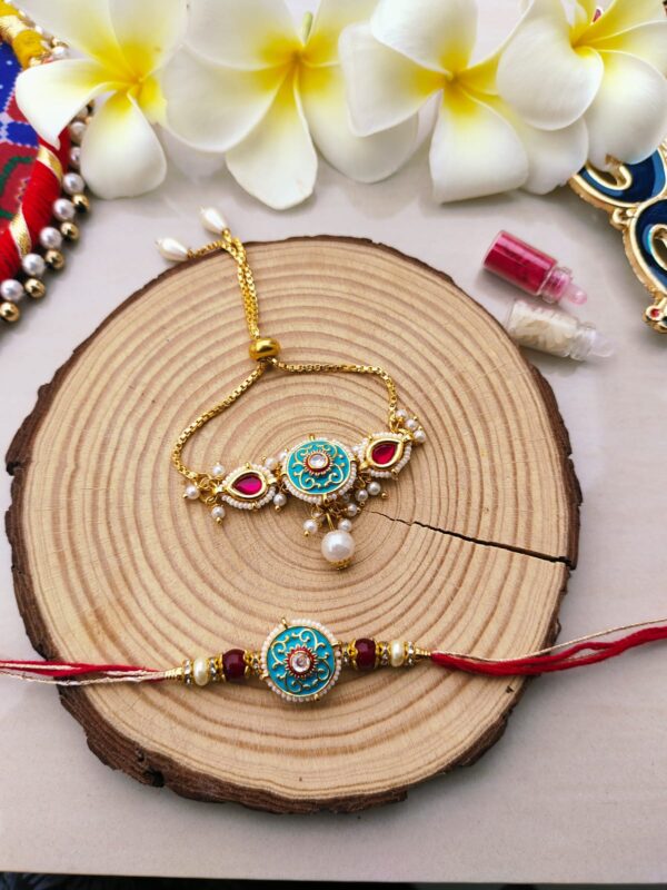 Vibrant Teal Enamel Bhaiya Bhabhi Rakhi Set