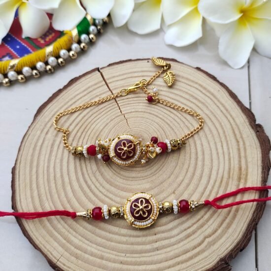 Regal Maroon Floral Bhaiya Bhabhi Rakhi Set