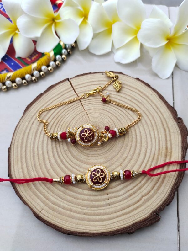 Regal Maroon Floral Bhaiya Bhabhi Rakhi Set