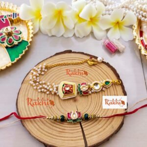Royal Meenakari & Kundan Lotus Bhaiya Bhabhi Rakhi Combo Set (With Multi-Strand Pearl Lumba Bracelet)