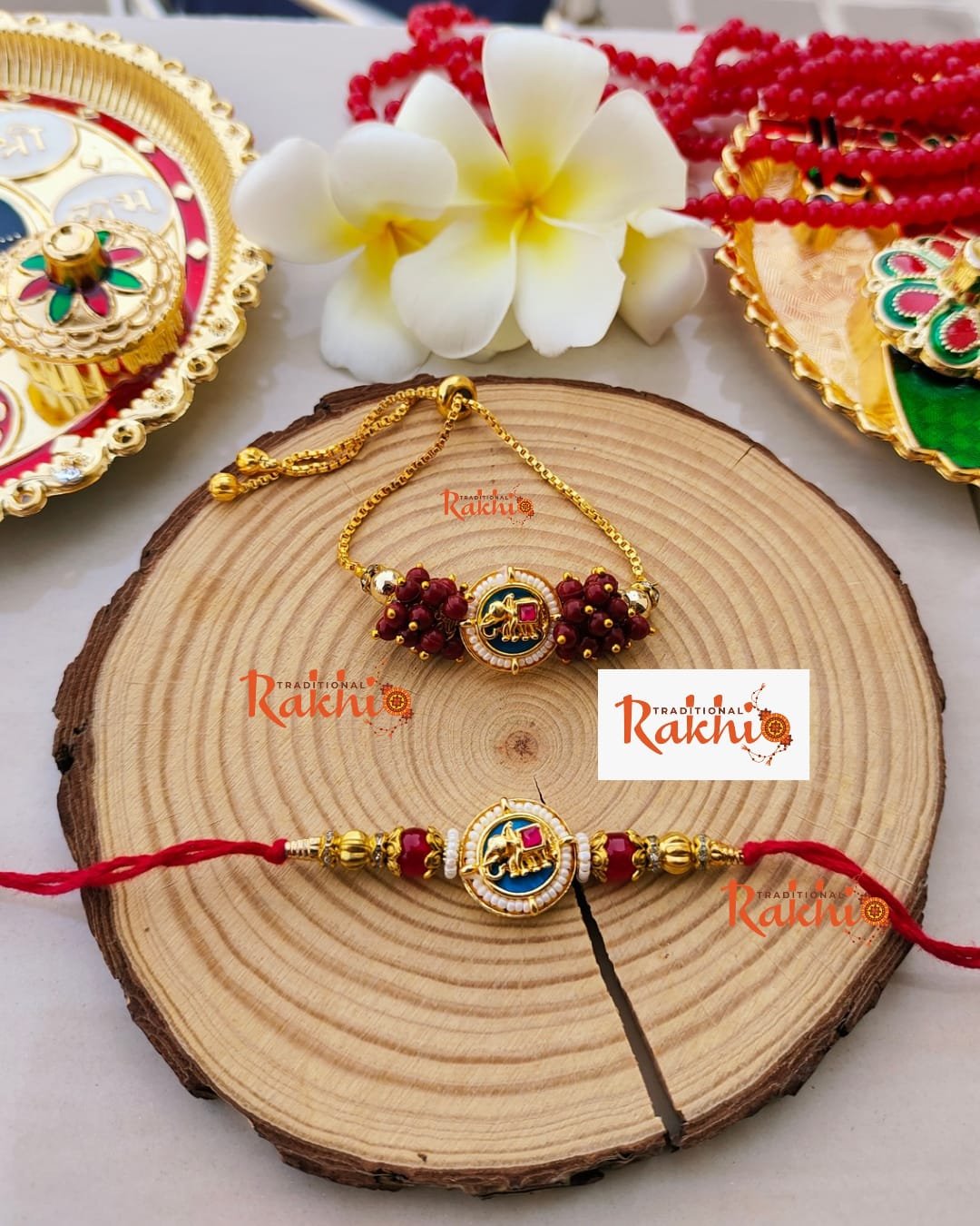 Royal Elephant Heritage Bhaiya Bhabhi Rakhi Combo Set (With Adjustable Golden-Colored Slider Lumba Bracelet)