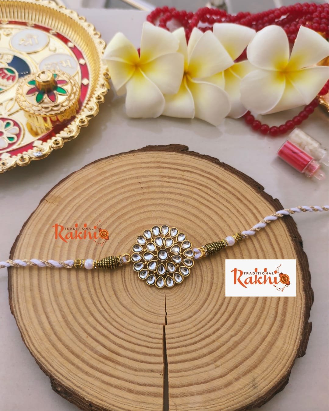 Classic Kundan Floral Mandala Designer Rakhi (With White & Gold Intertwined Thread) - Image 2