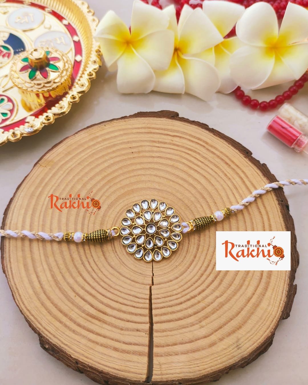 Classic Kundan Floral Mandala Designer Rakhi (With White & Gold Intertwined Thread) - Image 3