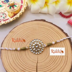 Classic Kundan Floral Mandala Designer Rakhi (With White & Gold Intertwined Thread)