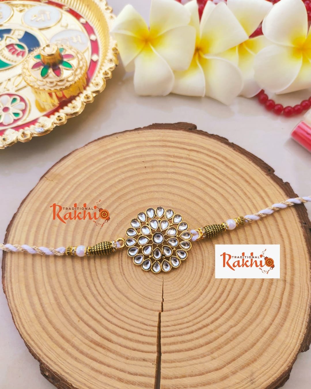Classic Kundan Floral Mandala Designer Rakhi (With White & Gold Intertwined Thread)