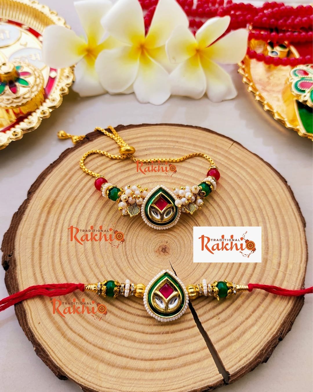 Royal Teardrop Meenakari & Kundan Bhaiya Bhabhi Rakhi Combo Set (With Adjustable Golden-Colored Slider Lumba Bracelet) - Image 2