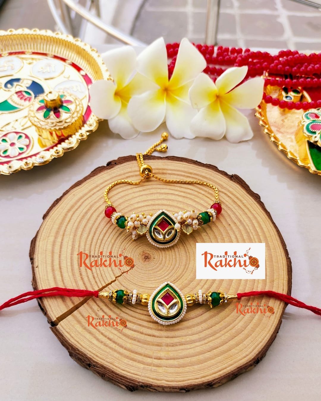 Royal Teardrop Meenakari & Kundan Bhaiya Bhabhi Rakhi Combo Set (With Adjustable Golden-Colored Slider Lumba Bracelet) - Image 3