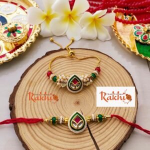 Royal Teardrop Meenakari & Kundan Bhaiya Bhabhi Rakhi Combo Set (With Adjustable Golden-Colored Slider Lumba Bracelet)