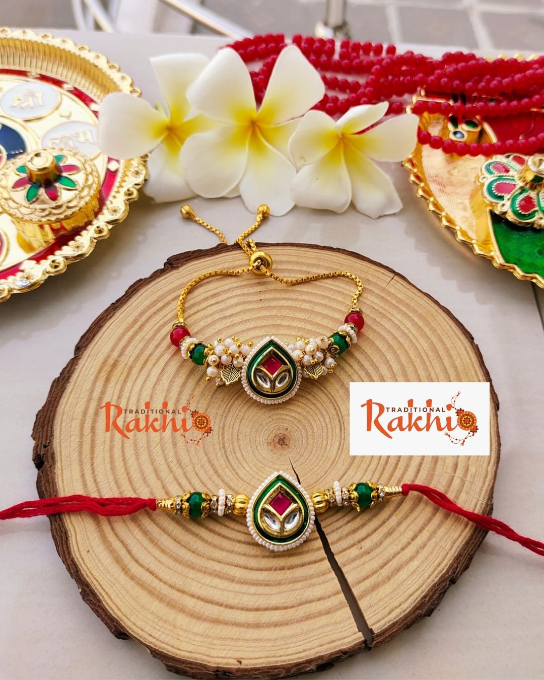 Royal Teardrop Meenakari & Kundan Bhaiya Bhabhi Rakhi Combo Set (With Adjustable Golden-Colored Slider Lumba Bracelet)