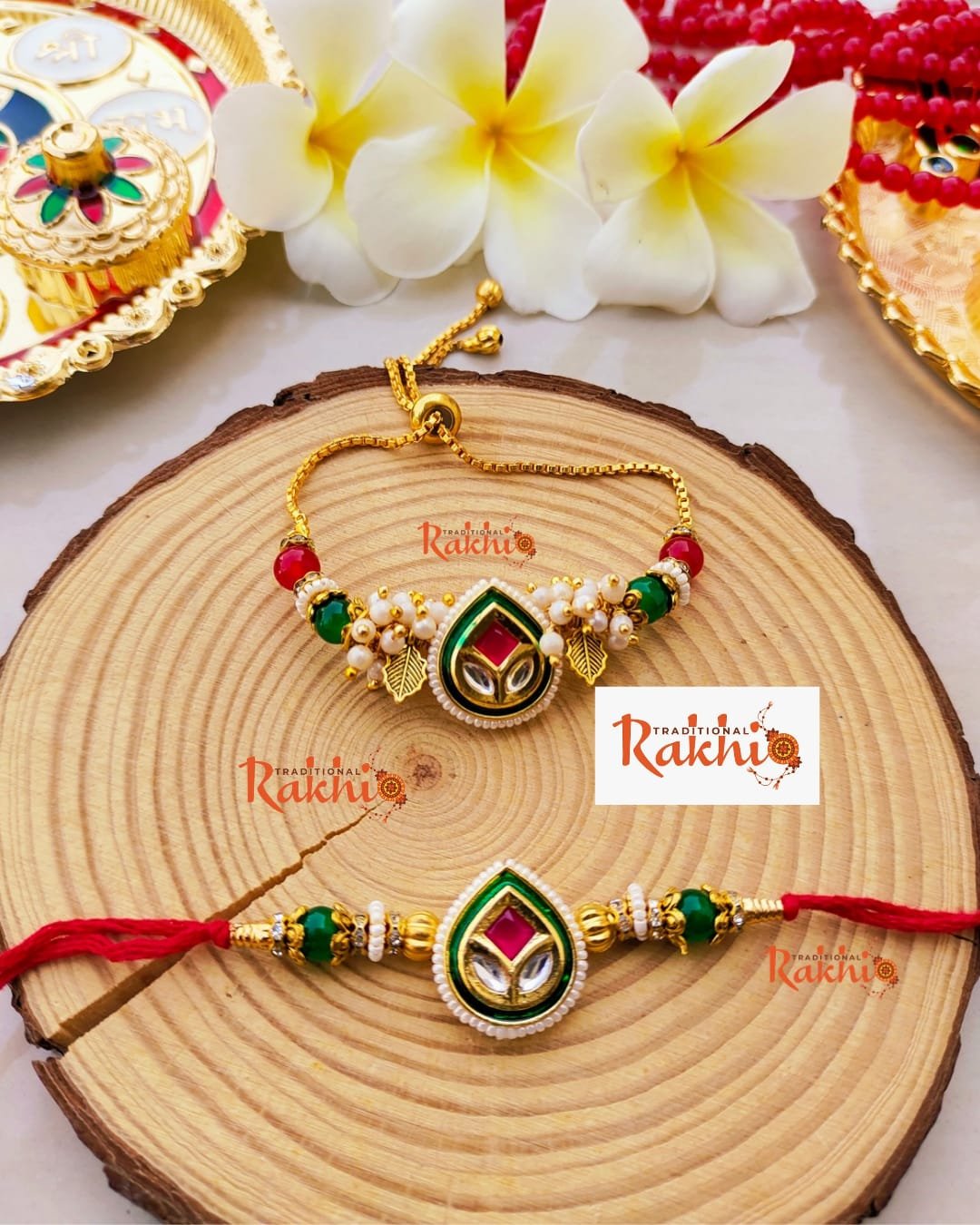 Royal Teardrop Meenakari & Kundan Bhaiya Bhabhi Rakhi Combo Set (With Adjustable Golden-Colored Slider Lumba Bracelet) - Image 6