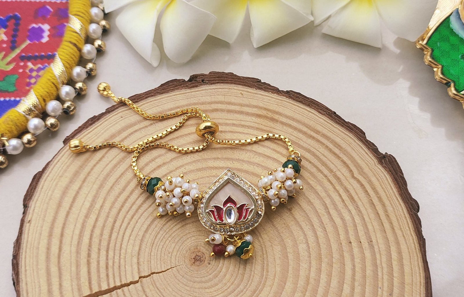 Elegant Kundan Lotus Bhaiya Bhabhi Rakhi & Adjustable Slider Lumba Combo Set - Image 3