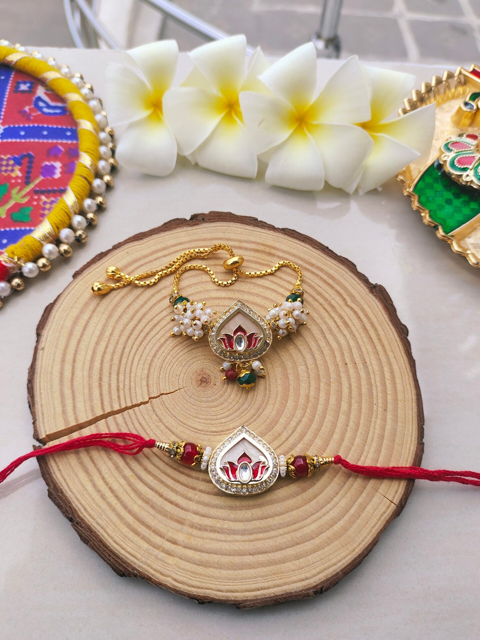 Elegant Kundan Lotus Bhaiya Bhabhi Rakhi & Adjustable Slider Lumba Combo Set - Image 2