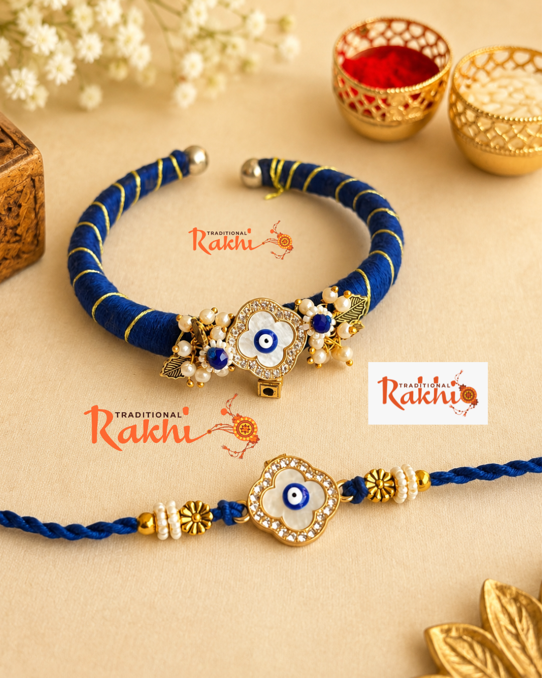 Sacred Evil Eye Clover Bhaiya Bhabhi Rakhi & Kada Lumba Set (Combo Pack) - Image 2