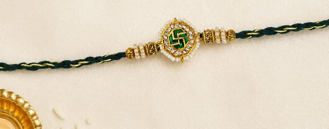 Regal Swastik & Emerald Bhaiya Bhabhi Rakhi & Multi-Strand Lumba Set - Image 3