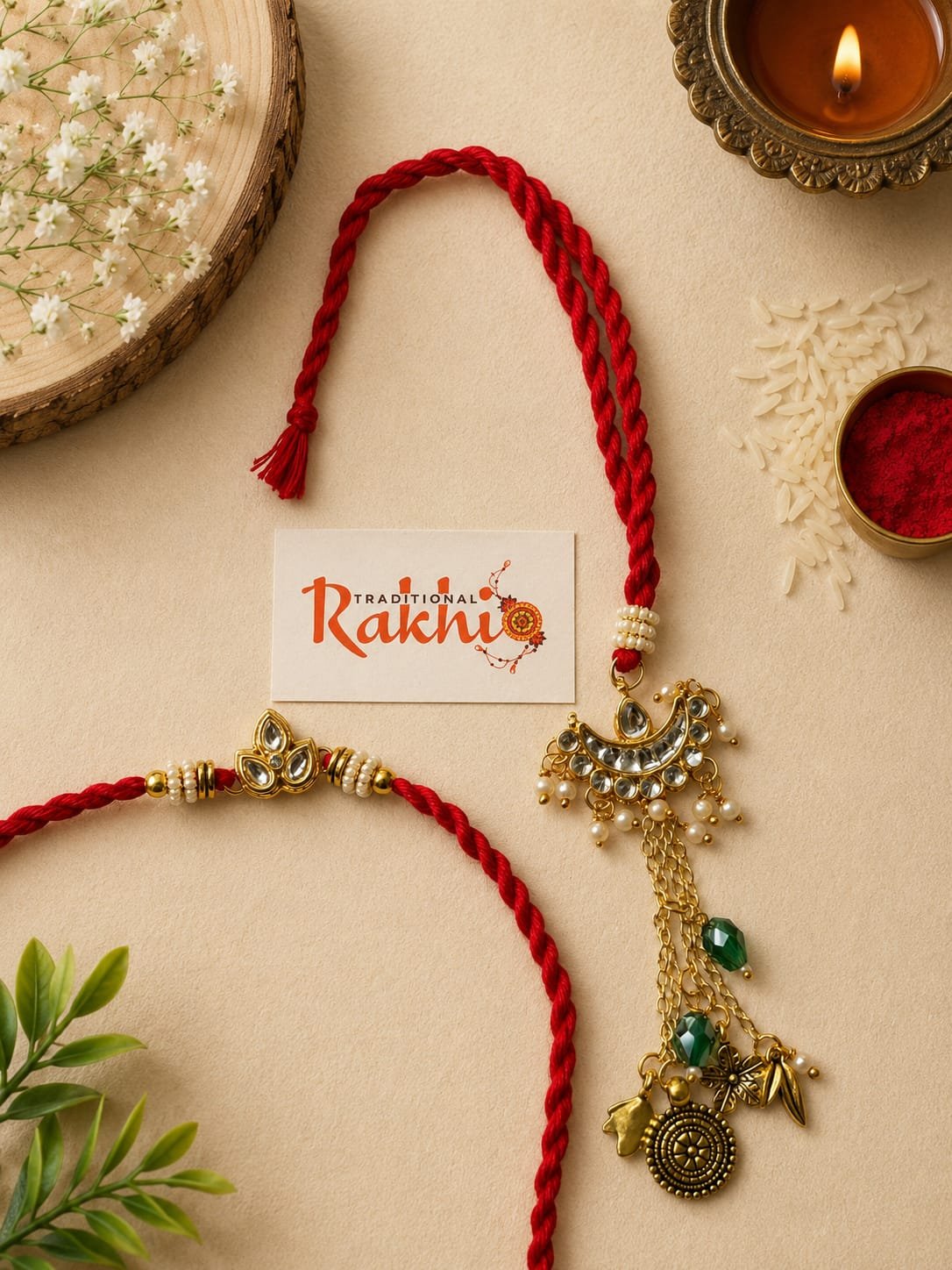 Kundan Chand Hanging Latkan Bhaiya Bhabhi Rakhi Combo Set (With Multi-Strand Chain Tassel Lumba) - Image 3