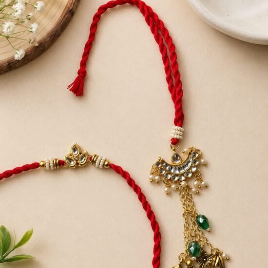 Kundan Chand Hanging Latkan Bhaiya Bhabhi Rakhi Combo Set (With Multi-Strand Chain Tassel Lumba)