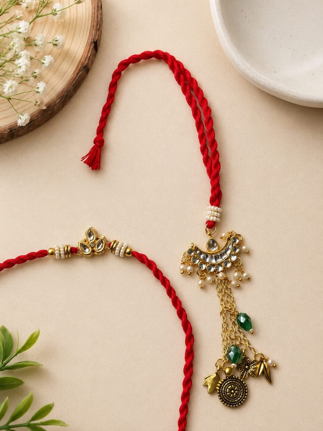Kundan Chand Hanging Latkan Bhaiya Bhabhi Rakhi Combo Set (With Multi-Strand Chain Tassel Lumba)