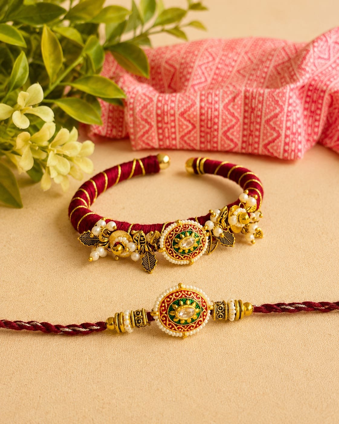 Maroon Silk Thread Kada & Meenakari Bhaiya Bhabhi Rakhi Combo Set (With Ornate Floral Lumba Bracelet) - Image 2