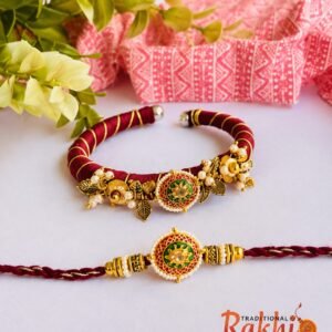 Maroon Silk Thread Kada & Meenakari Bhaiya Bhabhi Rakhi Combo Set (With Ornate Floral Lumba Bracelet)