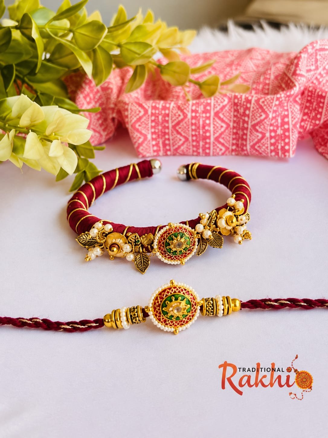 Maroon Silk Thread Kada & Meenakari Bhaiya Bhabhi Rakhi Combo Set (With Ornate Floral Lumba Bracelet)